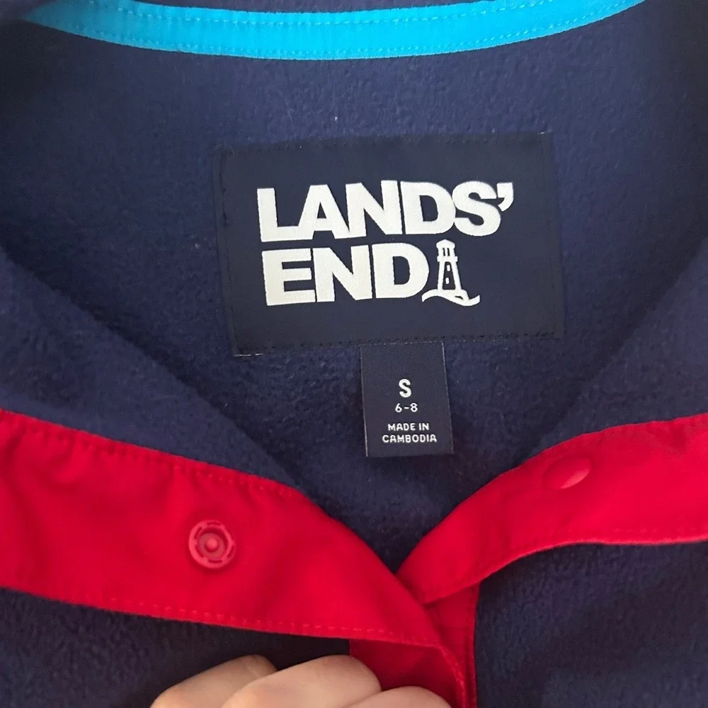 Lands End Fleece Pullover Kids S 6-8 Blue Red Fair‎ Isle Snap Neck Sweatshirt